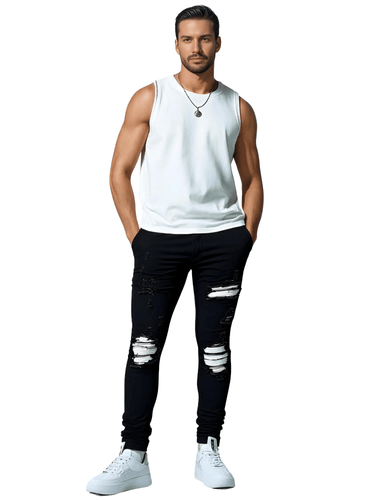 Cracked Silver Leather Patch Ripped Black Jeans Men's Streetwear Denim -, Jeans , Drestiny , 28, 29, 30, 31, 32, 33, 34, 36, 38, 40, Australia, Black, Casual Pants, FR, Jeans, New Zealand, Skinny Jeans, United Kingdom, United States , Drestiny , www.shopdrestiny.com